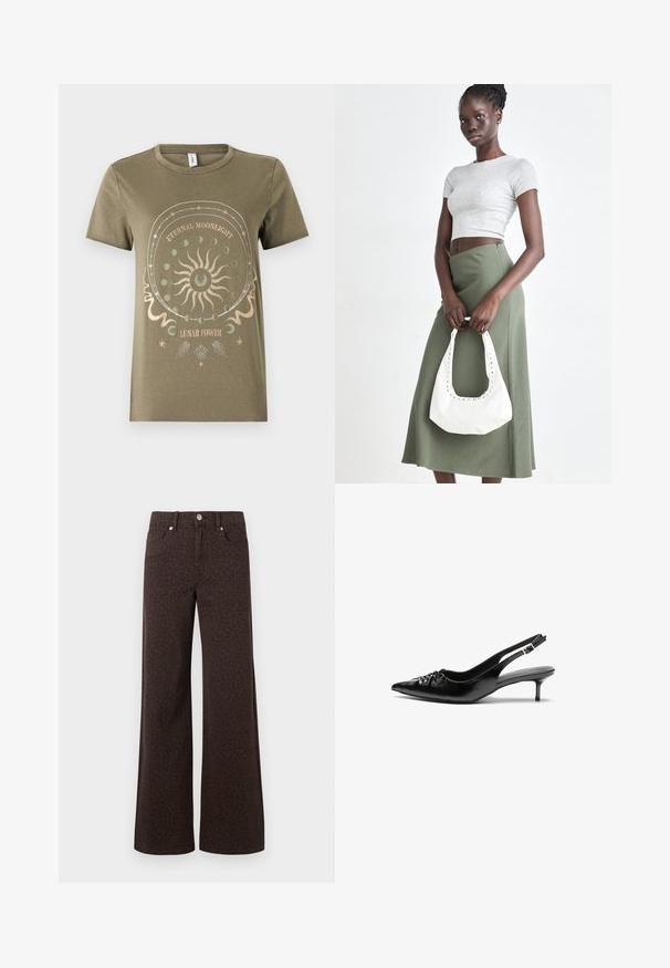oliivivihreä puuvillainen t-paita, jossa on lyhyet hihat, pyöreä pääntie ja pyöreä kuukausiteemainen grafiikka metallinhohtoisella kullalla ja valkoisilla yksityiskohdilla.; Ruskeat leveät farkut, joissa on hienovarainen leopardikuosi, valmistettu denimistä, jossa on sileä pinta ja klassinen viiden taskun muotoilu.; Mustat nahkaiset slingback-korkokengät, joissa on terävä kärki, pieni kitten-korko ja koristeellinen solki edessä. Yksinkertainen pinta kauttaaltaan.; Harmaa ribbattu crop-top ja oliivinvihreä korkeavyötäröinen hame. Malli pitää valkoista olkalaukkua, jossa on leikattu yksityiskohtia. Yksinkertainen muotoilu, vartalonmyötäinen siluetti.