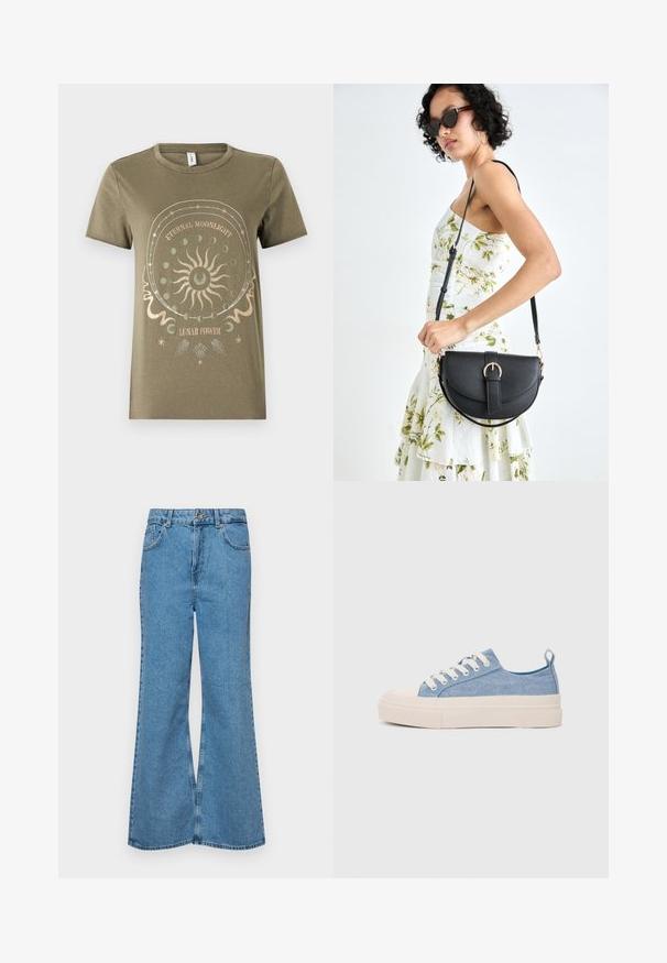 Camiseta de algodão verde-oliva com mangas curtas, decote redondo, apresentando um gráfico lunar circular em metalizado dourado e detalhes brancos.; Jeans de brim azuis claros, com corte à boca de sino, apresentando uma cintura alta, cinco bolsos e um fecho de botão único. Textura macia com acabamento desbotado.; Ténis de lona azul claro com uma biqueira e sola de borracha creme, apresentando atacadores brancos e uma alça na parte de trás.; Bolsa de couro preta com forma curva, alça destacável e detalhes em dourado. A bolsa possui uma aba com detalhe de fivela.