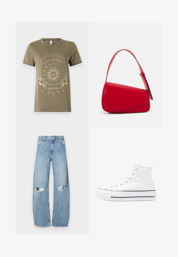 Olive green cotton t-shirt with short sleeves, round neckline, featuring a circular lunar-themed graphic in metallic gold and white accents.; Light blue, high-waisted jeans made of denim. Feature wide legs, two torn knee areas, and classic five-pocket styling.; White high-top canvas sneaker with black rubber sole, front rubber toe cap, and six eyelets for laces, featuring a clean, minimalist design.; Red leather handbag with an angular, geometric design. Features a single adjustable strap and a flap closure with stitched detailing.