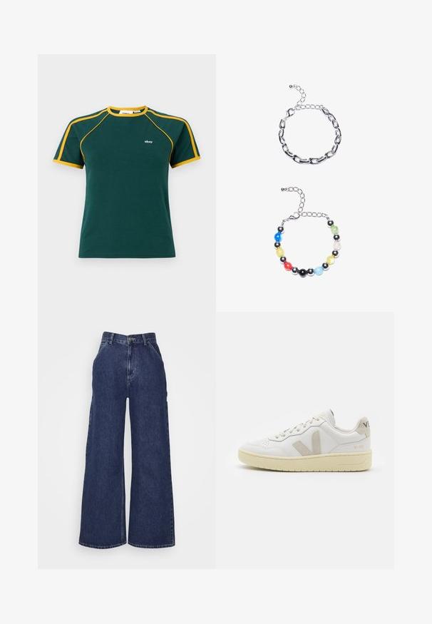 Green cotton t-shirt with yellow accents on the collar and sleeves, featuring a small white logo on the chest, and a classic crew neck design.; Wide-leg denim jeans in dark blue, featuring a high waist, front pockets, and a zipper fly with a metal button. Smooth texture and classic design.; White leather sneaker with beige suede accents, perforated toe box, flat laces, and a textured cream sole. Features subtle branding on heel.; Silver chain bracelet featuring elongated links above. Below, a colorful beaded bracelet with black, blue, green, yellow, red, and clear beads.