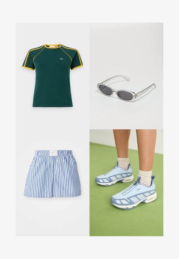 Zaļš kokvilnas T-krekls ar dzelteniem akcentiem apkaklītē un piedurkņos, ar mazu baltu logotipu uz krūtīm un klasisku apaļo kakla dizainu.; Zili un baltas svītrainas šortus ar elastīgu jostu un birku, uz kuras ir Nike logo. Izgatavoti no viegla auduma ar gludu tekstūru.; Gaiši zili sporta apavi ar baltajiem akcentiem, teksturētām paneļiem un ar rāvējslēdzēja aizdari. Raksturīga redzama gaisa amortizācijas zole un gumijas zole.; Saulesbrilles ar ovālu formu, caurspīdīgu plastmasas rāmi, tumši pelēkiem stikliem un plāniem caurspīdīgiem kātiem, kas satur logotipa akcentus un minimālu noformējumu.; Bežs rokassoma, izgatavota no mīksta materiāla, ar brīvu dizainu, izšūtu apdari un divām plecu siksnām. Piemērota ikdienas lietošanai.