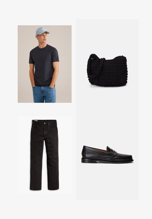 Mladý muž v světle modré čepici se slunečním symbolem, tmavě modrém tričku a modrých džínách, stojí s rukama v kapsách a dívá se na stranu.; Černé džíny rovného střihu s pěti kapsami, zapínáním na knoflík a poutky na opasek, položené na bílém pozadí.; Černé kožené mokasíny s hladkým povrchem, zaoblenou špičkou a ozdobným páskem přes horní část. Mají nízkou černou podrážku.; Černá látková taška s texturovaným, prošívaným vzorem. Zaoblený tvar, krátké, silné uchy a měkká, flexibilní struktura.