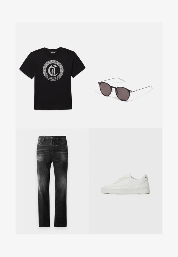 Zwart T-shirt met korte mouwen met een circulair zilveren slangontwerp dat een gotische letter "J" omringt en de tekst "Just Cavalli" daaronder.; Zwarte denim jeans met een rechte pasvorm. Beschikt over vervaagde gebieden, lichte slijtage, klassiek vijf-pocket ontwerp en een knoopsluiting.; Witte leren sneaker met een gladde afwerking, ronde neus, platte veters en een gestructureerde zool. Kenmerkt zich door een subtiel logo op de hiel.; Zwarte ronde zonnebril met donkere lenzen en slanke metalen armen. Inclusief heldere tempelpunten en zilveren accenten bij de scharnier. Minimalistisch ontwerp.