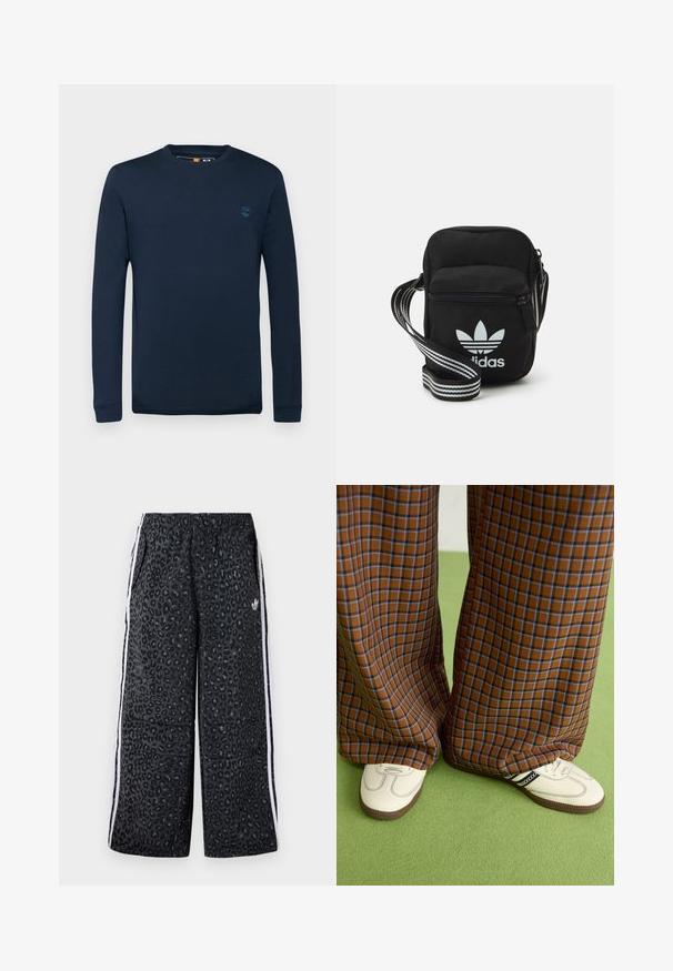 Timberland DUNSTAN RIVER LONG SLEEVE TEE - Ilgarankovis viršutinės dalies drabužis - dark sapphire; adidas Originals GRAPHIC UNISEX - Treningo apatinė dalis - black; Rudos ir mėlynos langelinės plačios kelnės, derinamos su baltais batais su juodais akcentais ir tekstūruotais padais, prieš žalią foną.; Juodas audinio per petį nešiojamas krepšys su užtrauktuku, turintis baltą Adidas logotipą ir dryžuotą reguliuojamą diržą patogiam nešiojimui.