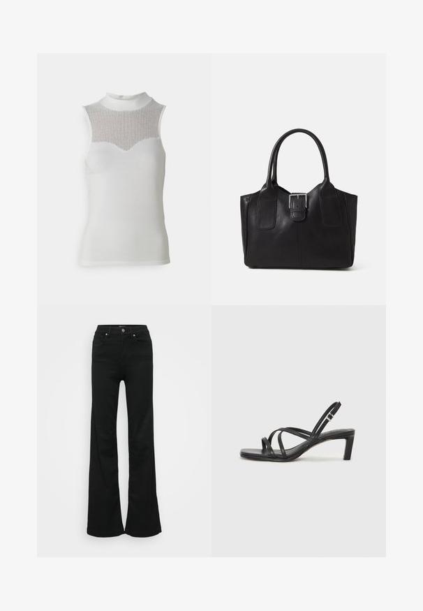 Biała bezrękawnik z wysokim dekoltem, z teksturowanym prążkowanym panelem na klatce piersiowej i gładkim korpusem, tworzący dopasowaną sylwetkę.; Czarne dżinsy w kształcie dzwonu wykonane z denimu, z wysokim stanem, pięcioma kieszeniami i metalowym zapięciem. Gładka faktura z minimalnym zdobieniem.; Czarne sandały na obcasie z prostokątnym noskiem i niskim słupkowym obcasem. Posiadają wiele cienkich pasków i regulowany pasek na kostkę. Wykonane z gładkiej skóry.; Czarna skórzana torba tote o gładkiej fakturze, usztywnionym kształcie, dwóch uchwytach oraz wyraźnym srebrnym zapięciu na przodzie.