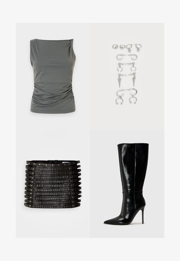 Haut gris sans manches avec un décolleté drapé et une texture plissée sur un côté, fabriqué dans un tissu lisse et extensible.; Mini-jupe en cuir noir avec des détails à sangles horizontales et des clous argentés le long du bord supérieur et des côtés verticaux.; Bottes noires en cuir, hautes jusqu'au genou, avec un bout pointu et un talon aiguille haut. Texture lisse et design épuré, avec un minimum de détails.; Ensemble de boucles d'oreilles en argent présentant divers designs : créoles, puces et styles pendants, avec des accents de billes et des éléments pointus.