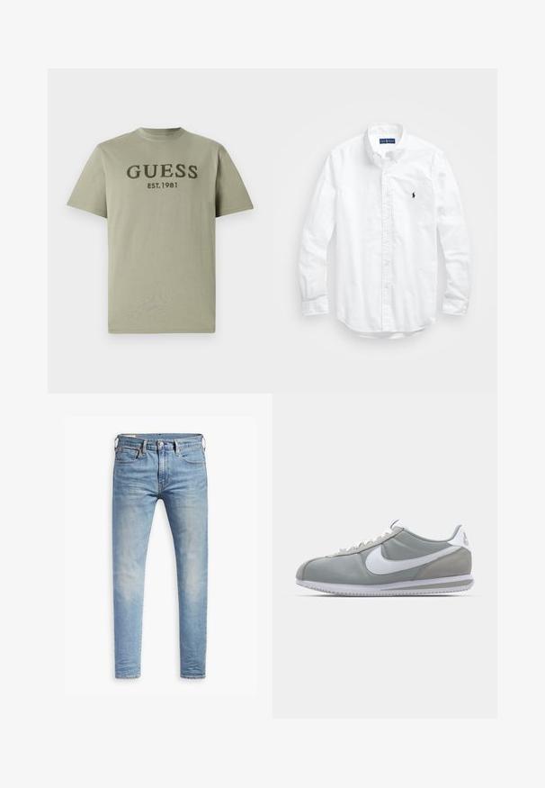 T-shirt de algodão verde-oliva com decote redondo e mangas curtas, com "GUESS EST. 1981" bordado em verde-escuro ao longo do peito.; Camisa de botões de manga longa branca em algodão. Apresenta um colarinho clássico, punhos com botão e um pequeno logótipo bordado em azul-marinho no peito.; Jeans slim fit em azul claro com leve desbotamento nas coxas, fecho frontal por botão, passantes para cinto e estilo de cinco bolsos sobre um fundo branco.; Sapatilha atlética cinza com um cabedal em camurça e têxtil, símbolo Nike branco e atacadores brancos. Apresenta uma sola de borracha texturizada e colarinho acolchoado.