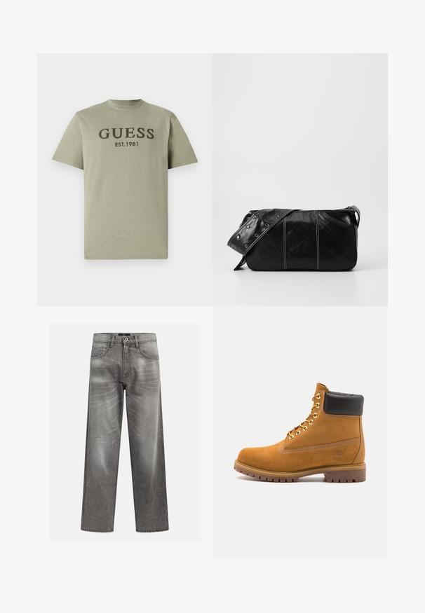Camiseta de algodón verde oliva con cuello redondo y mangas cortas, con "GUESS EST. 1981" bordado en verde oscuro en el pecho.; Vaqueros de mezclilla gris con un corte holgado, que presentan detalles de desgaste y decoloración, un clásico diseño de cinco bolsillos y un cierre de botón.; Botín de ante marrón claro con collar acolchado negro, ojales de metal dorado, detalles de costura blanca y suela de goma resistente con tacos pronunciados.; Bolso de hombro de cuero negro con cierre de cremallera, que presenta un cuerpo texturizado, costuras blancas y una correa con ojales plateados.