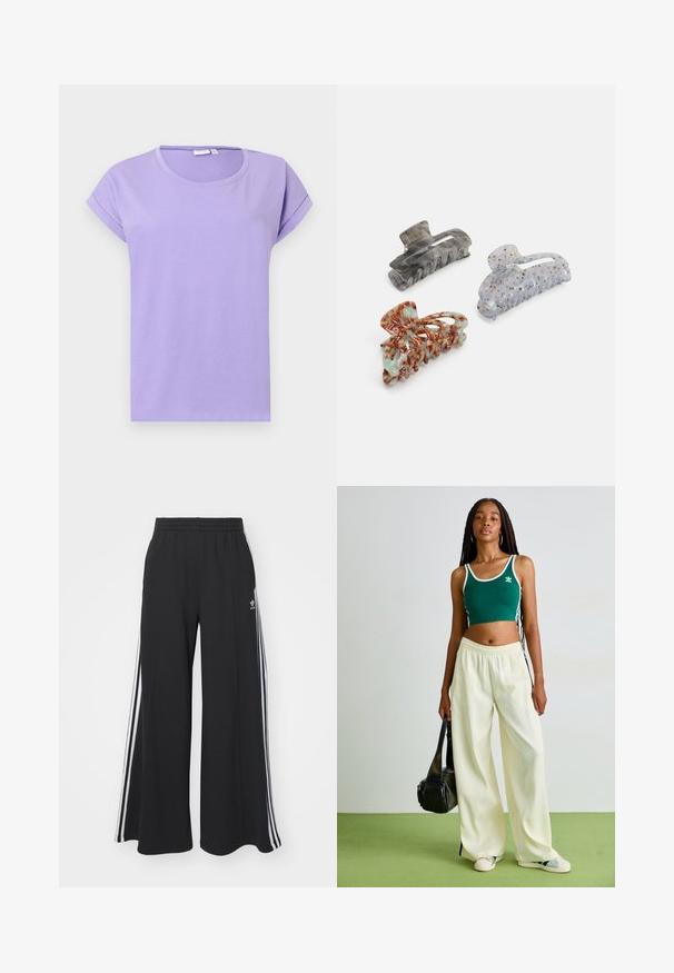 Lilla kortærmet t-shirt lavet af blødt bomuld. Har rund halsudskæring, optrukne ærmer og en afslappet pasform. Enkelt design uden mønstre.; Sorte brede sweatpants med elastisk talje, med hvide sidelommer og et broderet logo på venstre lår.; Grøn cropped tank top med hvid kant, parret med brede cremebukser. Modellen holder en lille sort taske. Simple sneakers.; Tre hårklip: et gråt gennemsigtigt klip, et pletmarked blå og hvidt klip, og et rød og grøn mønstret klip, alle med en struktureret overflade.