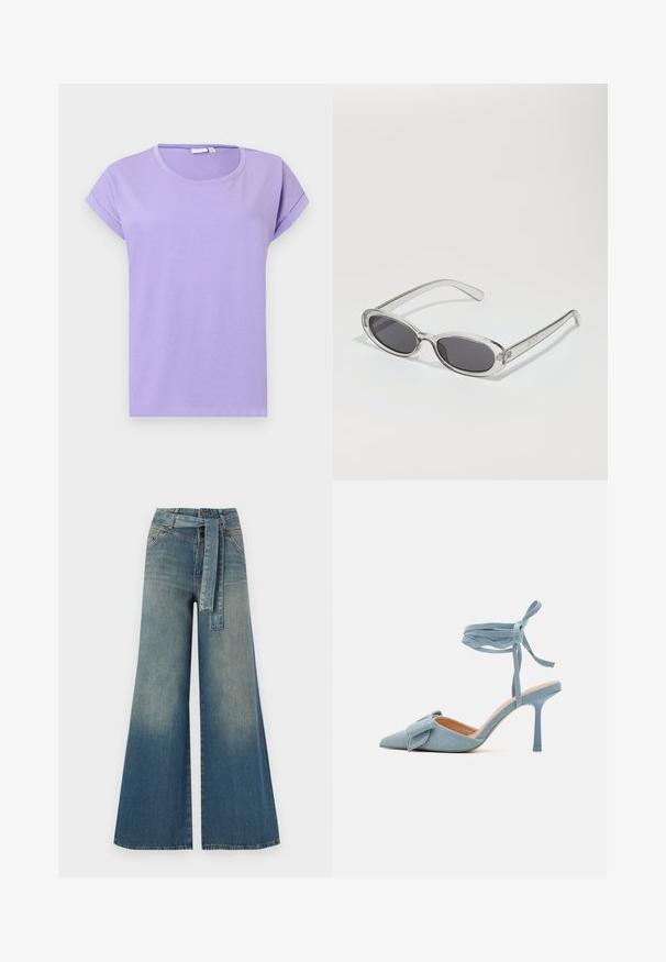 Paarse korte mouwen t-shirt van glad katoen. Heeft een ronde hals, oprolbare mouwen en een ontspannen pasvorm. Effen ontwerp zonder patronen.; Wijduitlopende denim broek met een lichte naar donkere blauwe gradient, hoge taille, riemlussen en een bijpassende stoffen riem. Gestructureerde denimafwerking.; Puntige stilettohakken in lichtblauw stof met een gestructureerde afwerking, voorzien van een strikaccent en enkelband voor een veilige pasvorm.; Zonnebril met een ovale vorm, helder plastic montuur, donkergrijze glazen en dunne transparante pootjes met logo-accenten en minimale details.