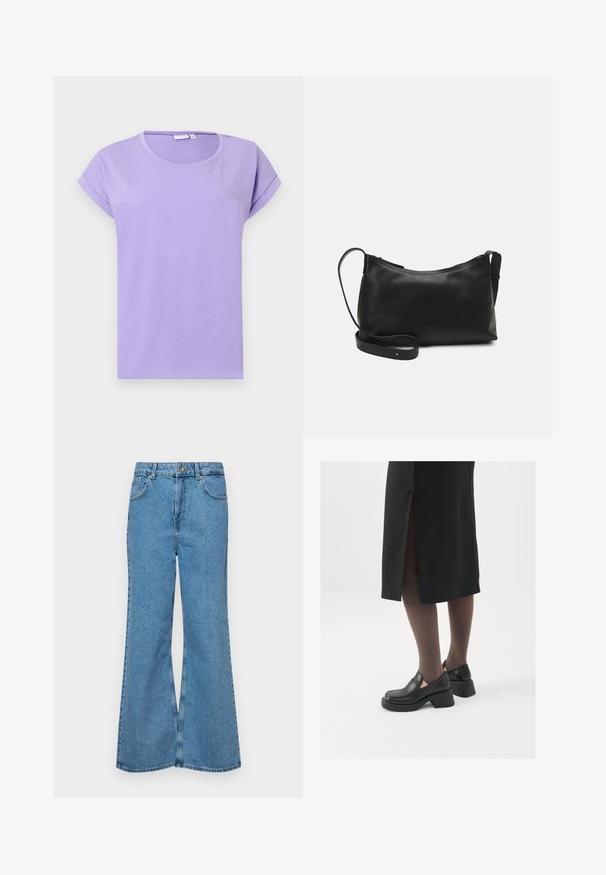 T-shirt viola a maniche corte realizzata in cotone morbido. Presenta un colletto rotondo, maniche arrotolate e una vestibilità comoda. Design semplice senza motivi.; Jeans svasati di un blu chiaro, realizzati in denim, con vita alta, cinque tasche e chiusura a un bottone. Morbido al tatto con una finitura scolorita.; Scarpe in pelle nera con punta arrotondata, tacco spesso a blocco e accenti laterali in elastico, abbinate a collant scuri e una gonna nera con uno spacco.; Borsa a spalla in pelle nera con una texture liscia, forma curva, tracolla regolabile e chiusura con zip. Design minimalista senza ornamenti.