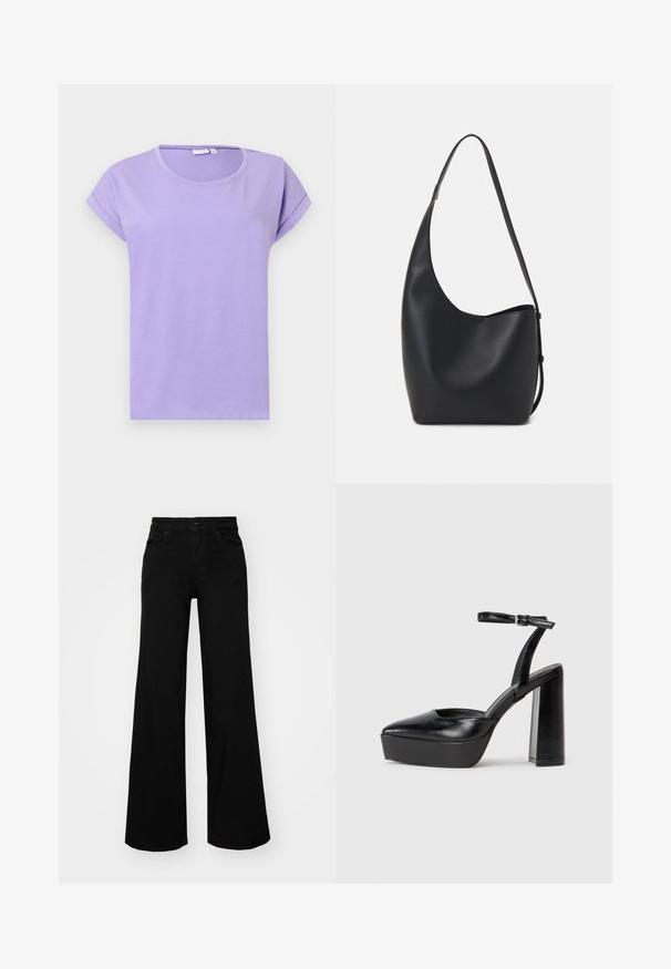 Tricou scurt cu mâneci, de culoare purpuriu, realizat din bumbac neted. Prezintă un gât rotund, mâneci răsucite și o croială lejeră. Design simplu, fără modele.; Pantaloni negri cu picioare largi, din denim, cu un brau structurat, bucle pentru curea și buzunare frontale. Textură netedă, cu un design clasic.; Pantofi cu toc platformă negri, cu vârful ascuțit și curea reglabilă la gleznă. Confecționați din piele netedă, având un toc gros.; Geantă hobo din piele neagră, cu o textură netedă, formă curbată și un singur bretele ajustabil; are o deschidere largă în partea de sus.