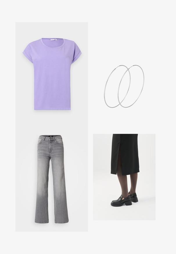 Lilla kortærmet t-shirt lavet af blødt bomuld. Har rund halsudskæring, optrukne ærmer og en afslappet pasform. Enkelt design uden mønstre.; Højtaljede grå denim jeans med lige ben, med frontknap og lynlås, foran og bagpå lommer, samt nedtoning på lår og lægge.; Sorte lædersko med rund tå, kraftig blokhæl og elastiske sideaccentuer, parret med mørke strømpebukser og en sort nederdel med slids.; Sølvøreringe med et minimalistisk design. Cirkulær form, glat tekstur og tynd profil. Letvægtige med en poleret overflade.