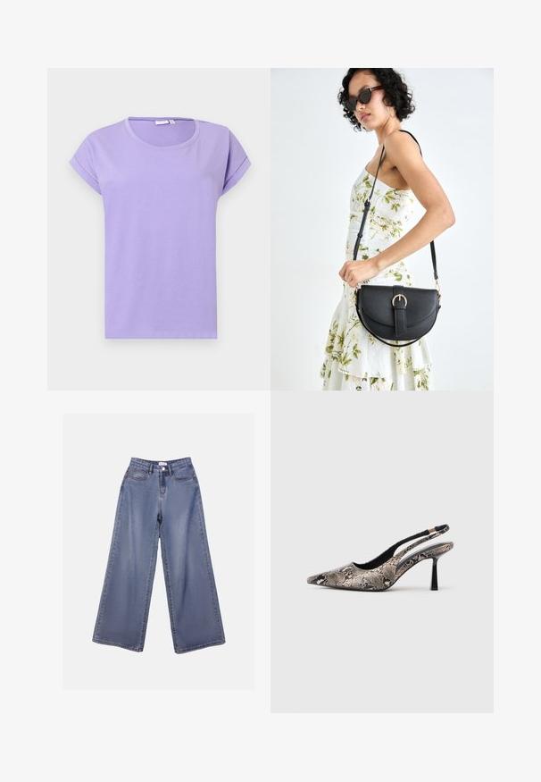 Camiseta de manga corta morada, hecha de algodón suave. Presenta un cuello redondo, mangas enrolladas y un corte relajado. Diseño liso sin patrones.; Jeans de mezclilla de pierna ancha en un lavado azul claro, con una cintura alta, bolsillos frontales y un cierre de botón con trabillas para el cinturón.; Zapatos slingback de punta afilada fabricados con un material de estampado de serpiente texturizado, con un delgado tacón negro y un diseño recortado en los laterales.; Bolso de piel negra con forma curva, correa desmontable y herrajes dorados. El bolso cuenta con una solapa con un detalle de hebilla.