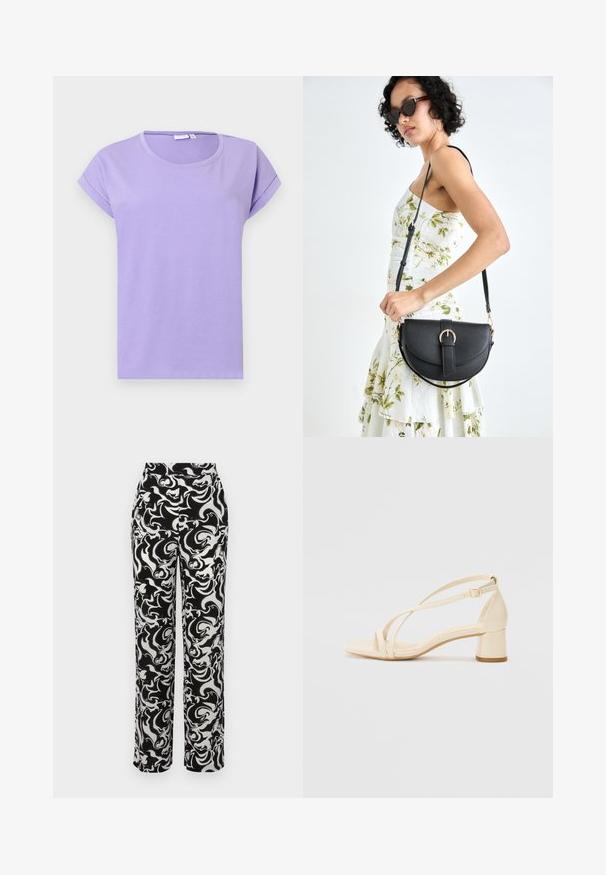 Lila, rövid ujjú póló sima pamutból. Kerek nyakkivágású, felgöngyölt ujjú és laza szabású. Egyszerű, mintázat nélküli dizájn.; Fekete-fehér mintás nadrág magas derekú, örvénylő absztrakt mintázattal és egyenes szabású lábakkal. Sima szövettextúra.; Krémszínű, blokk sarkú szandálok, pántos kialakítással és állítható bokapánttal, sima szintetikus anyagból, matt felülettel.; Fekete bőrtáska ívelt formával, levehető pánttal és arany színű fémrészekkel. A táskán egy csattal díszített fedél található.