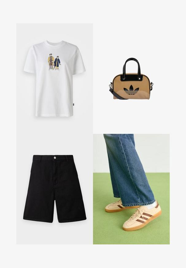 Λευκό βαμβακερό μπλουζάκι με γραφική απεικόνιση δύο καρτούν φιγούρων σε πολύχρωμα ρούχα. Στρογγυλή λαιμόκοψη και κοντά μανίκια.; Μαύρες σορτς από ανθεκτικό ύφασμα, με ίσια κοπή σχέδιο, μπροστινές τσέπες, φερμουάρ και κλείσιμο με μεταλλικό κουμπί.; Μπεζ αθλητικά παπούτσια με υφασμάτινες κρέμες επιφάνειες και καφέ ρίγες, συνδυασμένα με μπλε τζιν παντελόνι. Το τζιν έχει φαρδιά μπατέλα και ξεφτισμένο στρίφωμα.; Καφέ τσάντα χεριού με μαύρες λακαριστές λεπτομέρειες, στρογγυλή μορφή, διπλές λαβές και ανάγλυφο μαύρο λογότυπο στο μπροστινό μέρος.