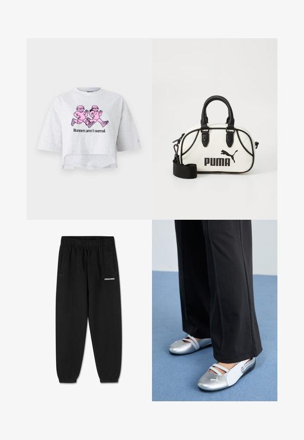 Harmaan lyhythihainen puuvillapitkä t-paita, jossa on vaaleanpunainen grafiikka kahdesta juoksevasta hahmosta ja teksti "Juoksijat eivät ole normaaleja."; Mustat collegehousut, jotka on valmistettu pehmeästä kankaasta. Niissä on kiristysnauha vyötäröllä, kapenevat lahkeet ja sivutaskut. Edessä valkoinen "PEGADOR"-logo.; Hopeiset ja valkoiset litteät kengät, joissa on ristikkäin kulkevat hihnat ja tekstuuri, täydentävät löysiä mustia housuja. Taustalla sininen lattia.; Valkoinen käsilaukku mustilla yksityiskohdilla, jossa on Puma-logo. Lyhyet, pyöristetyt kahvat ja irrotettava olkahihna, valmistettu teksturoidusta keinomateriaalista.
