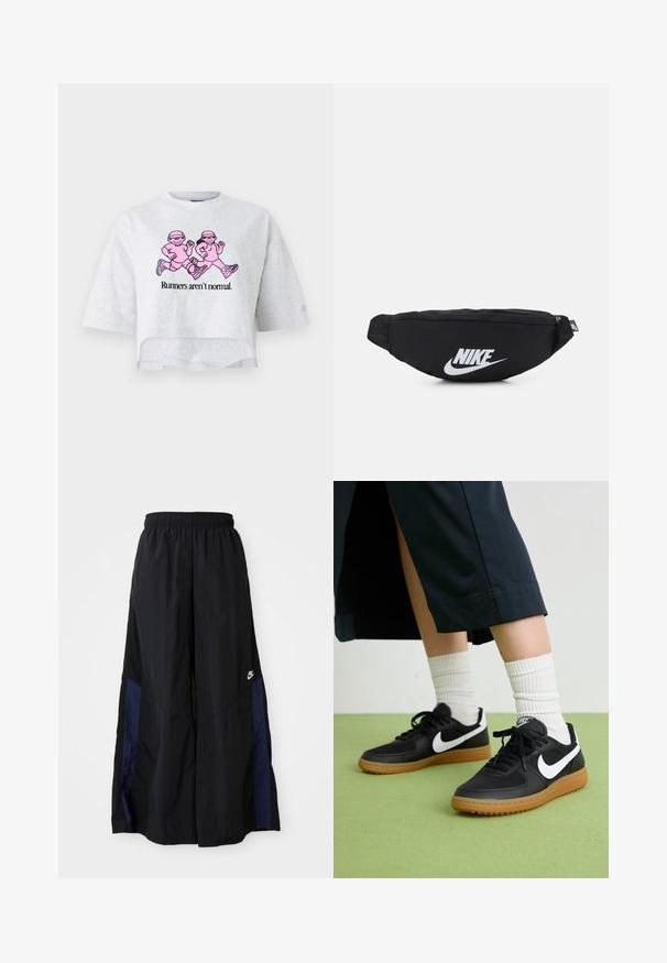 Gray cropped t-shirt made of cotton with short sleeves. Features a pink graphic of two running figures and the text "Runners aren’t normal."; Black wide-leg pants made of lightweight fabric, featuring a navy blue side panel and an elastic waistband. Small white logo on bottom.; Black leather and synthetic sneakers with white Nike swoosh, rubber gum sole, round toe, and black laces. Ribbed white socks visible.; Black nylon fanny pack with a zippered closure, featuring a large white Nike logo. Smooth texture and ergonomic design for comfortable wear.