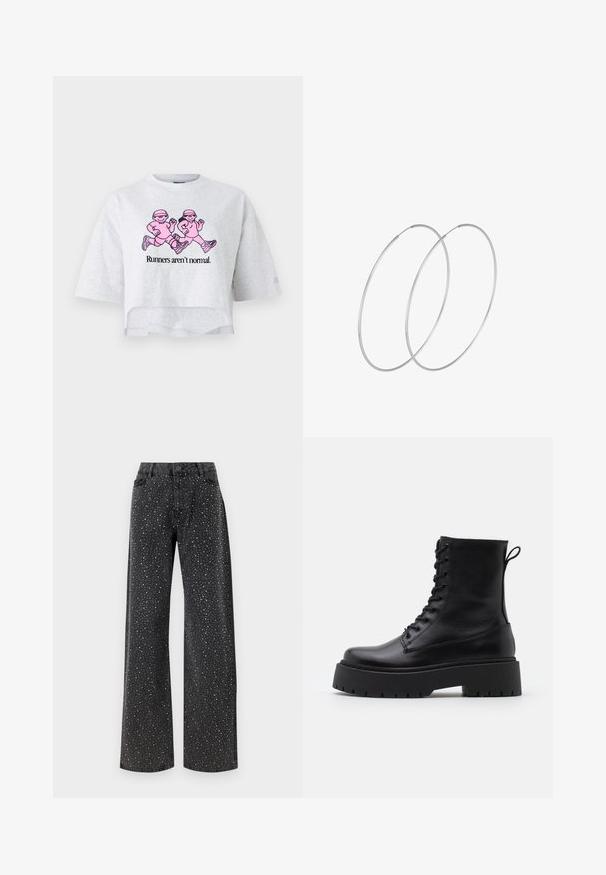 Sivo skrajšano majico iz bombaža s kratkimi rokavi. Ima rožnato grafiko dveh tekačev in besedilo "Tekači niso normalni."; Noisy May NMJANNEL LOOSE - Široke kavbojke - black denim; Črne usnjene gležnjarje z okroglo konico, vezalnim sprednjim delom in debelim gumijastim podplatom z teksturiranim profilom. Zanka na hrbtni strani.; Srebrne uhane v obliki obroča z minimalističnim dizajnom. Krožna oblika, gladka tekstura in tanek profil. Lahki s poliranim zaključkom.