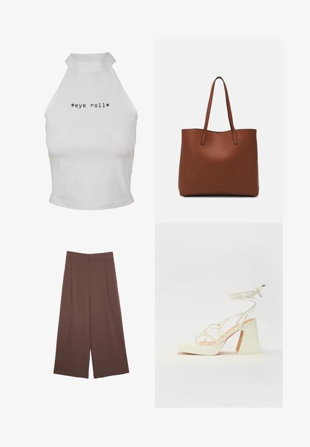 Hvid halterneck crop top lavet af glat stof, med teksten "*eye roll*" i fed sort skrift centreret foran.; Brune bredbunde bukser med en glat tekstur, der har høj talje og plisseringer foran. Stoffet er let og falder løst.; Hvide højhælede sandaler med en kraftig hæl, der har et stropdesign og ankelbinding. Glat tekstur med en platform foran for ekstra højde.; Brun læder tote taske med en glat overflade, åben topdesign og to skulderremme. Har minimal syning og ingen synlig hardware.