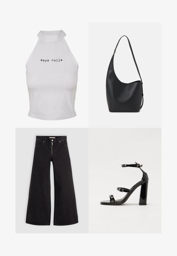 Balts halter stila krūšturis, izgatavots no gludas auduma, ar tekstu "*acu ruļļi*" treknā melnā fontā centrā priekšpusē.; Platas kājas džinsi melnā džinsa audumā ar rāvējslēdzēju priekšā, piecu kabatu dizains un smalkas šuvju detaļas. Gluda tekstūra un ikdienišķs stils.; Melnas lakotas augstpapēžu čības ar kvadrāta purngalu, potīšu siksniņām un sudraba sprādzēm. Aprīkotas ar masīvu bloku papēdi stabilitātei.; Melnas ādas hobo soma ar gludu tekstūru, izliekta forma un vienu regulējamu jostu; augšā ir plaša atvere.