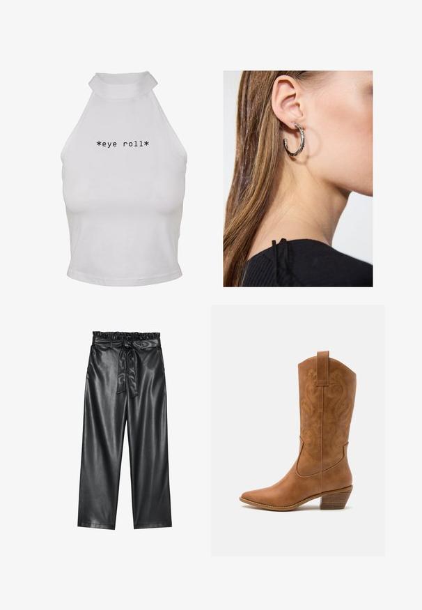 Top corto bianco con scollo all'americana realizzato in tessuto liscio, con la scritta "*eye roll*" in grassetto font nero centrata sul davanti.; Pantaloni wide-leg neri in pelle sintetica con elastico in vita arricciato e cintura staccabile. Texture liscia e finitura minimale.; Stivale cowboy in pelle marrone chiaro con punta affusolata, modelli ricamati a spirale sull'asta e tacco a blocco impilato. Presenta una linguetta per una facile calzata.; Orecchino a cerchio in argento con finitura lucida, caratterizzato da piccoli dettagli in oro e una forma tondeggiante, indossato sul lobo.