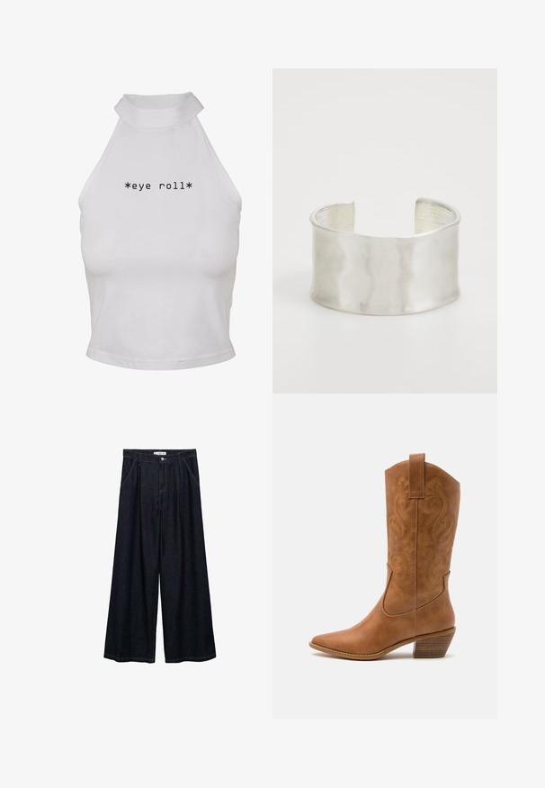 White halter neck crop top made of smooth fabric, featuring the text "*eye roll*" in bold black font centered on the front.; Dark denim wide-leg trousers with a high waist, featuring a front button closure, two side pockets, and stitching details.; Tan leather cowboy boot with pointed toe, embroidered swirl patterns on shaft, and a stacked block heel. Features a pull tab for easy wear.; Zign Bracelet - silver-coloured