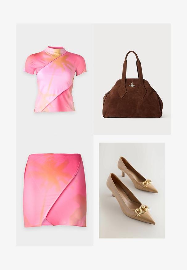 Kortärmad rosa topp med hög halsringning, med en diagonal omlott-design och ett gradientblommönster i ljusare nyanser.; Rosa gradient omslagskjol i slät, elastisk tyg med en ombre-effekt från livfull rosa till mjuk orange. Enkel midjebandsdesign.; Beige lackskinnsstövlar med hög klack, med spetsig tå och en dekorativ guldkedja framtill, mot en ljus bakgrund.; Brun mockaskinnsväsk med en strukturerad form, rundad kropp och avlånga, diamantformade handtag. Har en silverfärgad låsning.