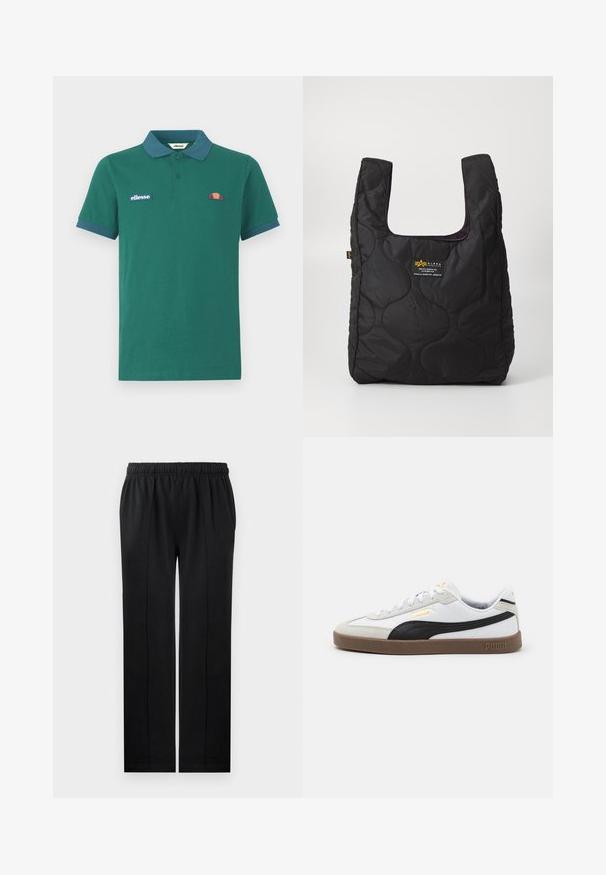 Zelené polo tričko vyrobené z bavlny s kontrastním modrým límcem a manžetami. Má vyšívané logo a malý barevný design na hrudi.; Černé kalhoty vyrobené z měkké látky, s elastickým pasem, rovný střih a dvě boční kapsy. Obsahují skryté švy.; Bílé kožené tenisky s černým semišovým akcentem, kulatou špičkou, plochou hnědou gumovou podrážkou a vyraženým zlatým logem na boku. Šňůrky a polstrovaný límec.; Černá prošívaná taška přes rameno s velkým otvorem, zakřivené tvary na povrchu a štítek s žlutým a bílým textem na přední straně.