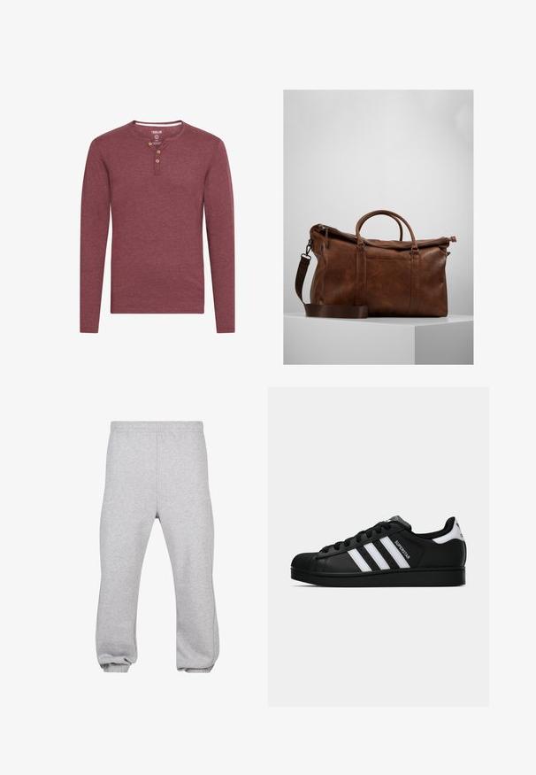 Dlhý rukáv, burgundská henley košeľa z mäkkého materiálu, s okrúhlym výstrihom a tromi drevenými gombíkmi pri zapínaní.; Sivé tepláky vyrobené z bavlnenej zmesi, s elastickým pásom, zúženými nohavicami a manžetami. Jednoduchý dizajn bez vzorov.; Čierne tenisky Adidas Superstar s bielymi pruhmi, špičkou v tvare mušle a textom "Superstar" na boku, zobrazené v bočnom profilu na bielom pozadí.; Hnedá kožená cestovná taška so zipsovým uzáverom, dvojitými uchami, nastaviteľným ramenným popruhom a viditeľnými textúrami na povrchu.