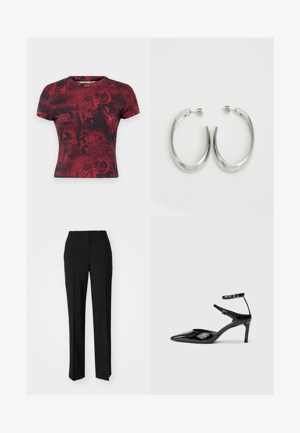 Guess Originals GO PRINTED TIE UP TEE - Print T-shirt - ravishing red multi; Black tailored trousers with a straight-leg design, featuring a smooth texture and crisp creases along the front. No visible hardware.; Black patent leather heels with a pointed toe, adjustable ankle straps, and a slender heel. Smooth texture with a shiny finish.; Silver hoop earrings with a smooth, curved design. Features a shiny metallic finish and stud closure. No visible patterns or accents.