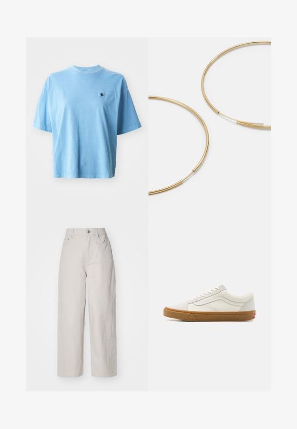 Vaaleansininen puuvillainen t-paita, jossa on pyöreä kaula-aukko, lyhyet hihat ja neliölogo-merkki vasemmassa rinnassa. Pehmeä materiaali ja rento malli.; Beige leveleina puuvillapöksyt korkealla vyötäröllä, nappi- ja vetoketjusuljenta, sekä neljä taskua; sileä rakenne denimiä jäljittelevällä viimeistelyllä.; Valkoinen kangaskengät matalalla varrella, jossa on kumipohja, pyöreä kärki, nauhakiinnitys ja sivuilla nahkasaumadetail.; Kultaiset rengaskorvakorut, ohuet ja pyöreät, joissa on sileä metallipinta ilman koristeluja tai kuvioita.