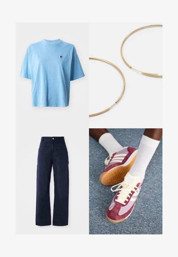 Světle modré bavlněné tričko s kulatým výstřihem, krátkými rukávy a čtvercovou nášivkou na levé hrudi. Měkká textura a uvolněný střih.; Námořnické modré široké cargo kalhoty vyrobené z pevné bavlny, s bočními kapsami a zapínáním na knoflík v pase.; Tenisky s designem v tmavě vínové semišové barvě a světle fialovém odstínu, se třemi bílými pruhy, krémovými tkaničkami a texturovaným žlutým jazykem. Gumová podrážka.; Zlaté kruhové náušnice, tenké a kulaté, s hladkým kovovým povrchem a bez zdobení či vzorů.