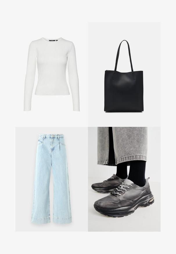 Camicia bianca a maniche lunghe realizzata in tessuto a coste, con scollo rotondo e design aderente. Nessun motivo o accentuazione visibile.; Jeans a gamba larga di colore blu chiaro in denim, con vita alta, tasche frontali e dettagli cuciti all'orlo.; Le scarpe da ginnastica nere e grigie presentano una tomaia in rete, suole spesse e lacci. Hanno una punta arrotondata e un dettaglio di ammortizzazione visibile.; Borsa tote in pelle nera con texture liscia, forma rettangolare e due manici lunghi. Nessun hardware o decorazione visibile.