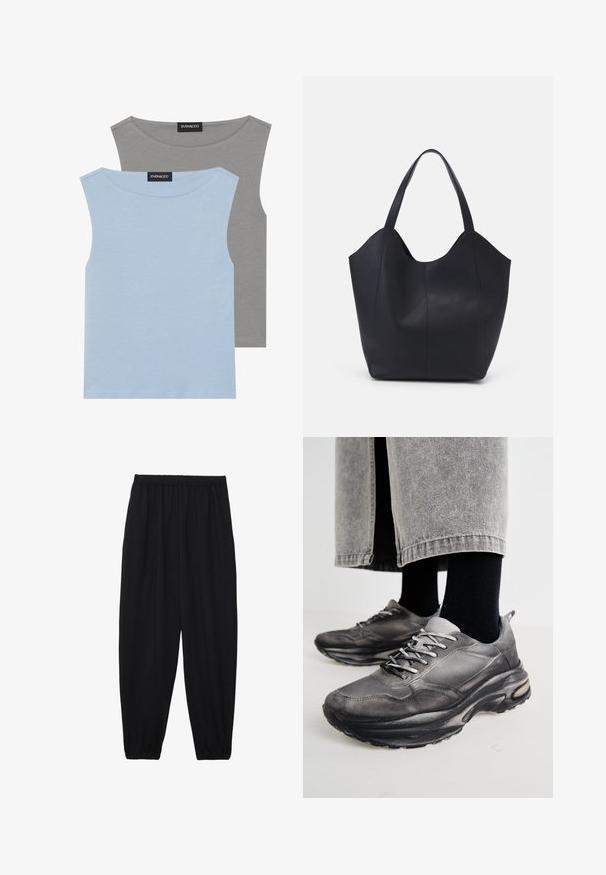 Duas blusas sem mangas em azul claro e cinza. Feitas de um tecido macio com decote arredondado e bainha reta. Etiqueta visível em ambas as blusas.; Calças pretas, leves, com um cinto elástico e punhos franzidos. O tecido é suave e apresenta um design relaxado e afunilado.; Sapatilhas atléticas pretas e cinzentas apresentam um upper em malha, solas espessas e atacadores. Têm um bico arredondado e detalhes de amortecimento visíveis.; Saco tote preto feito de couro liso, apresentando um topo aberto curvo com duas alças de ombro e um design minimalista.