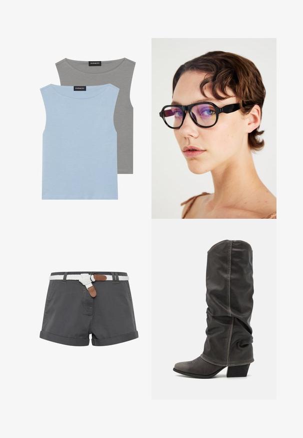 Dvě bezrukávové topy v světle modré a šedé barvě. Vyrobené z měkké látky s kulatým výstřihem a rovním lemem. Štítek viditelný na obou topech.; Šedé bavlněné šortky s ohrnutými lemy, s bílým splétaným opaskem a hnědými koženými detaily. Viditelné šití na látce.; Šedé kožené vysoké boty po lýtka s volným designem, špičatou špičkou a vyvýšeným podpatkem. Výrazné prošívání v oblasti špičky.; Černé obdélníkové brýle s purpurovým odstínem skel, s robustním rámem a plochými stranami, které zdůrazňují moderní design.; Šedá kordurová taška se dvěma krátkými ušima, přední kapsou a výrazným černým písmenem "K". Má zapínání na knoflík a texturovaný materiál.