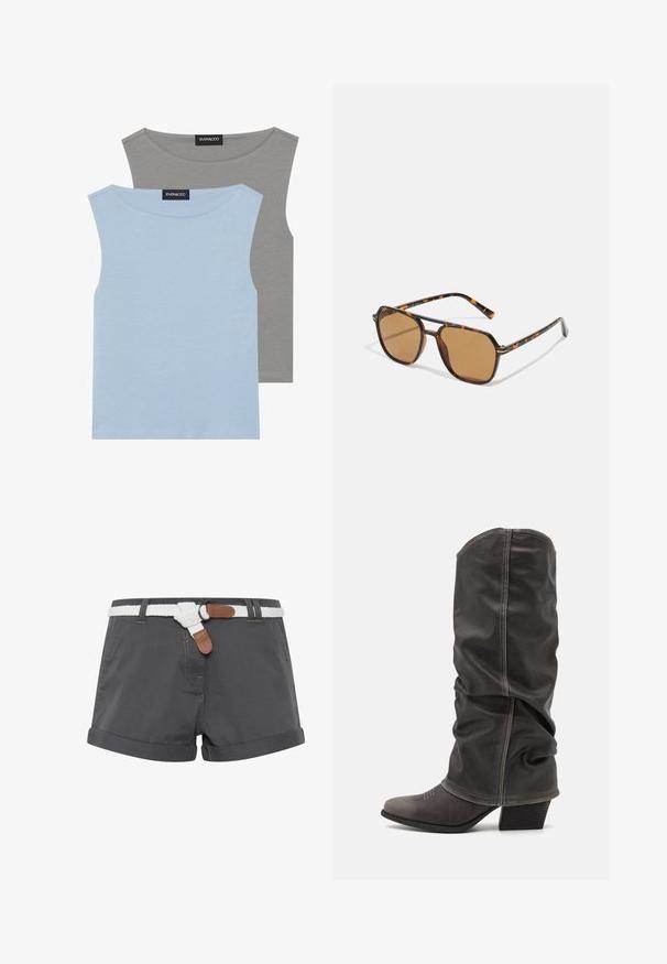 Dve majice brez rokavov v svetlo modri in sivi barvi. Narejene iz mehkega blaga z okroglim izrezom in ravnim robom. Oznaka vidna na obeh majicah.; Sivi bombažni šortsi z zavihki, oblečeni z belim pletenim pasom in rjavimi usnjenimi detajli. Vidne šive na tkanini.; Sivi usnjeni škornji do meč, z ohlapnim dizajnom, koničastim nosom in plitkim podplatom. Opazna šivana detajla na področju prstov.; Sončna očala rjave barve s okvirjem iz želve, pravokotnimi lečami in ozkimi ročaji z oranžno poudarjeno vzorcem.