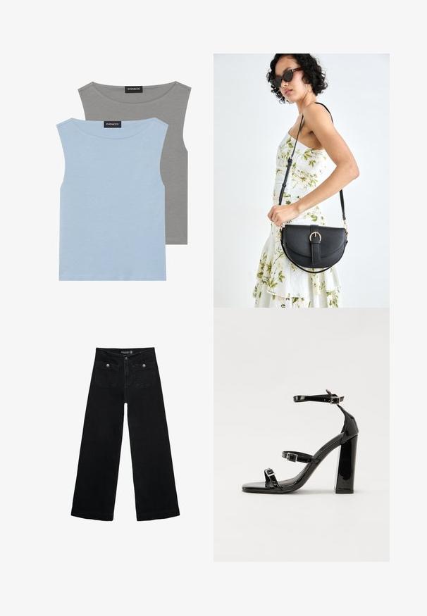 Dva bezrukavnika u svijetloplavoj i sivoj boji. Izrađeni od mekanog materijala s okruglim dekolteom i ravnim rubom. Oznaka vidljiva na oba bezrukavnika.; Crne široke traperice s visokim strukom, koje imaju dva prednja džepa i metalne gumbe kao ukrase. Tkanina ima glatku teksturu.; Crne lakirane sandale na pete sa kvadratnim nosom, trakama oko gležnja i srebrnim kopčama. Imaju čvrst blok petu za stabilnost.; Crna kožna torba s lukovitim oblikom, odvojivim remenom i zlatnim detaljima. Torba ima preklop s kopčom.