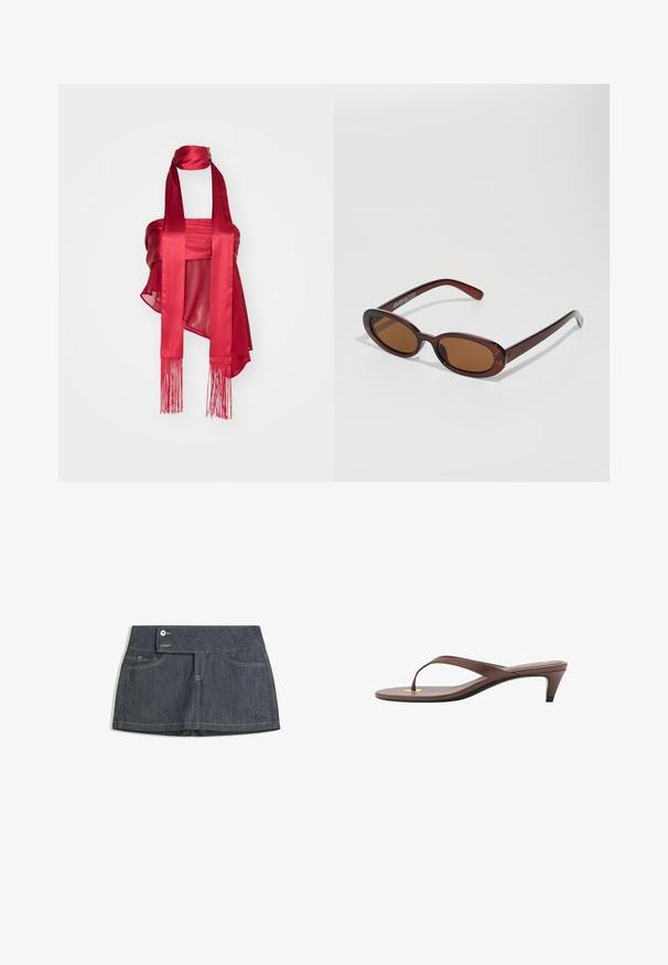 Červený saténový top s vystuženým živôtom, splývavými prvkami a dlhými strapcovými viazaniami. Materiál má lesklý povrch a jemnú textúru.; Tmavé džínsové sukne s vysokým pásom, ktorá má dve predné vrecká, zapínanie na gombík a kontrastné švy pozdĺž okrajov.; Hnedá platformová žabková sandála s úzkym remienkom a zaobleným prstom, s malým zlatým akcentom na podrážke.; Okrúhle slnečné okuliare s hnedým nádychom a lesklým burgundským rámom. Úzke ramená s jemným brandovaním. Plochej šošovky dizajn.; Hnedá kožená kabelka so zakriveným tvarom, striebornými komponentmi a dvomi zipovými vreckami vpredu. Súčasťou je nastaviteľný ramenný popruh.