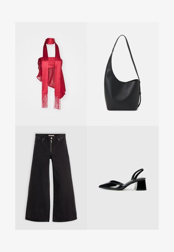 Červený saténový top s tvarovaným živůtkem, splývavými prvky a dlouhými třásněmi. Materiál má lesklý povrch a jemnou texturu.; Džíny s širokými nohavicemi v černém denimovém provedení se zipem vpředu, pěti kapsami a jemnými švy. Hladká textura a ležérní styl.; Černé lakované kožené lodičky na pásku s špičatou špičkou a geometrickým blokovým podpatkem. Vyznačují se elegantním, minimalistickým designem a hladkým povrchem.; Černá kožená hobo taška s hladkým povrchem, zakřiveným tvarem a jedním nastavitelným popruhem; má široké otevírání nahoře.