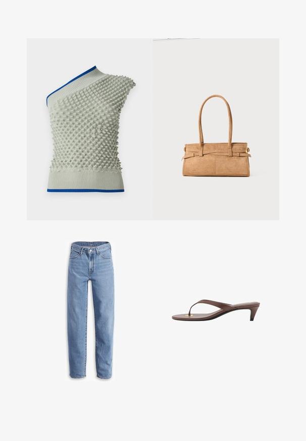 Asymetrický pletený top ve světle šedé barvě s zvýrazněným texturovaným vzorem; má modrý ribovaný výstřih a lem. Unikátní detaily obohacují design.; Světle modré džíny vyrobené z denimu, s uvolněným střihem, rovnými nohavicemi, pěti kapsami a roztrhanými lemy pro neformální vzhled.; Hnědé sandály s podpatkem a tenkým páskem, zaoblenou špičkou a malým zlatým akcentem na stélce.; Hnědá semišová kabelka s dvěma dlouhými uchy, obdélníkovým tvarem a ozdobným šitím. Obsahuje boční popruh a decentní zlaté kovové akcenty.