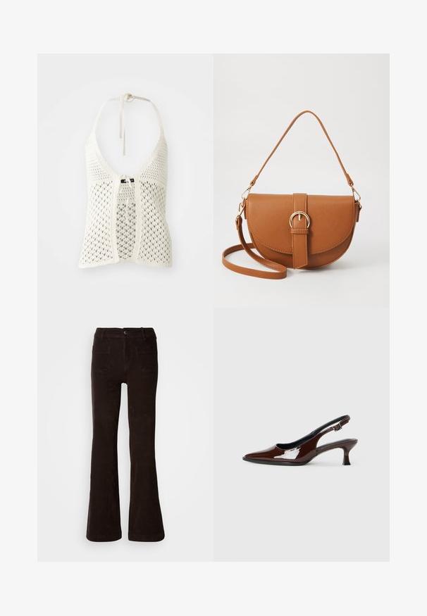 Hvit heklet halterneck topp med åpen design, justerbare nakkebånd og en frontknytingslukking med solid underlag for støtte.; Brune kordfløyelsvide bukser med teksturert finish, som har knappelukking foran, beltehemper og to baklommer.; Brune patentlæder slingback sko med spids tå og moderat hæl. Har en spænde rem for sikker pasform. Glat tekstur.; Brun lærcrossbody-veske med en buet form, gullhardware og et spenneakcent. Har en avtakbar skulderreim.