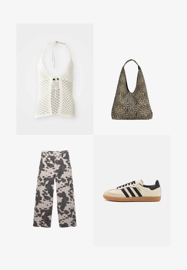 Fehér horgolt pántos felső, nyitott kialakítással, állítható nyakkal és elöl megkötős zárással, szolid alsó résszel a támasz érdekében.; Bézs színű, széles szabású farmernadrág barna tehénmintával. Gombos záródással és öt zsebes kialakítással rendelkezik. Denim szövetből készült.; Beige sportcipő fekete csíkokkal, gumi talppal és fekete részletekkel. Simára cserzett bőr felsőrésze és kerek orra van.; PULL&BEAR Bevásárlótáska - mottled dark brown