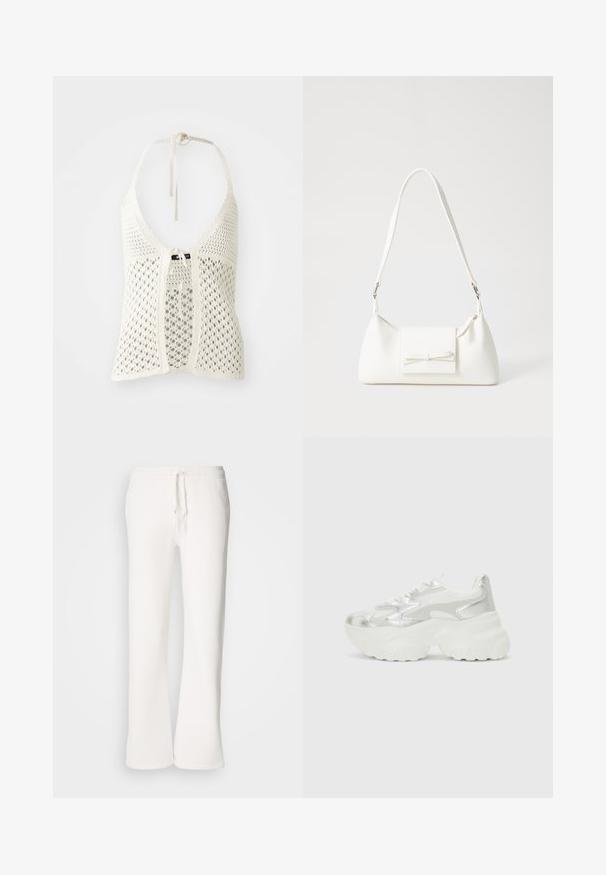 Bela kvačkana halter majica z odprtim dizajnom, nastavljivimi vezalkami za vrat in sprednjim zapiranjem na zavezo, s trdnim podlogam za podporo.; Bela, sproščena trenerka iz mehkega blaga, z elastičnim pasom in vrvico ter naravnim krojem nogavic.; Srebrna tenisica s teksturiranim mrežastim gornjim delom i iridescentnimi akcenti, ki ima masiven bel podplat in vezanje.; Bela sintetična torbica v obliki trikotnika, z ravnim sprednjim poklopcem in detajlom mašne, nastavljivim trakom, gladko teksturo in minimalističnim dizajnom.