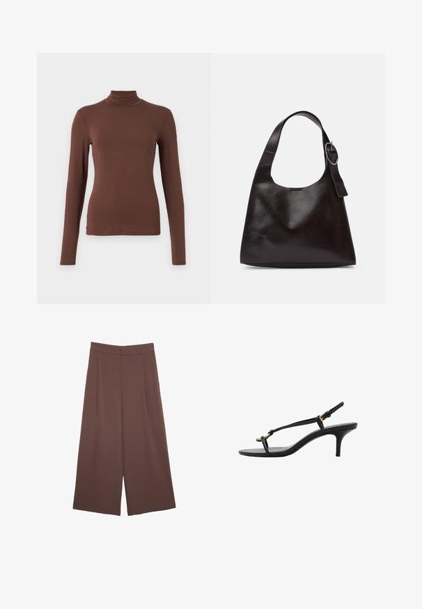 Weekend Max Mara MULTIF - Maglietta a manica lunga - marrone; Pantaloni ampi marroni con una texture liscia, caratterizzati da una vita alta e pieghe frontali. Il tessuto è leggero e scorre liberamente.; Sandal con zeppa kitten nera in pelle, con sottili cinturini, fibbia dorata e una minimalista fascetta per le dita su sfondo bianco.; Borsa a spalla in pelle marrone con una texture liscia, forma arrotondata, ampia tracolla e un accento metallico circolare sul manico.