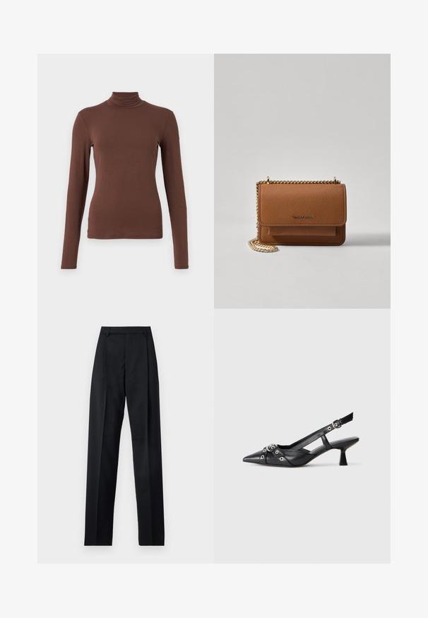 WEEKEND MaxMara MULTIF - Long sleeved top - marrone; Black trousers made from smooth fabric featuring a high waist, wide legs, front pleats, and classic belt loops. No side pockets visible.; Black leather slingback shoe with a pointed toe, decorative straps featuring metal eyelets, and a low block heel. Textured surface.; Brown textured leather crossbody bag with gold chain strap and flap closure. Front features logo detail and a pocket under the flap.
