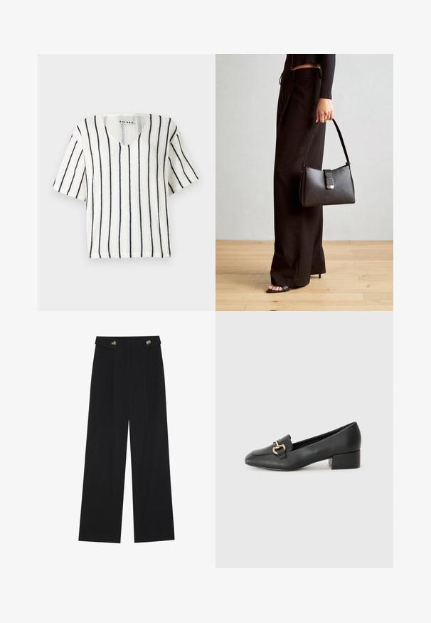 Balta īsām piedurknēm blūze ar V-veida kakla izgriezumu, ar melniem vertikāliem svītrainiem un teksturētu adījumu. Zīmola etiķete redzama kakla iekšpusē.; Melnas platās bikses ar augstu jostasvietu, pogu detaļām uz jostas un priekšējām krokām.; Melnas ādas loafers ar plakanu papēdi, kurām priekšā ir dekoratīvs zelta aparatūras elements un gluda tekstūra.; Melnā somiņa ar strukturētu formu, gludu tekstūru un metālu sprādzi. Saskaņota ar platām melnām biksēm un sandālēm ar atvērtu purngalu uz koka grīdas.