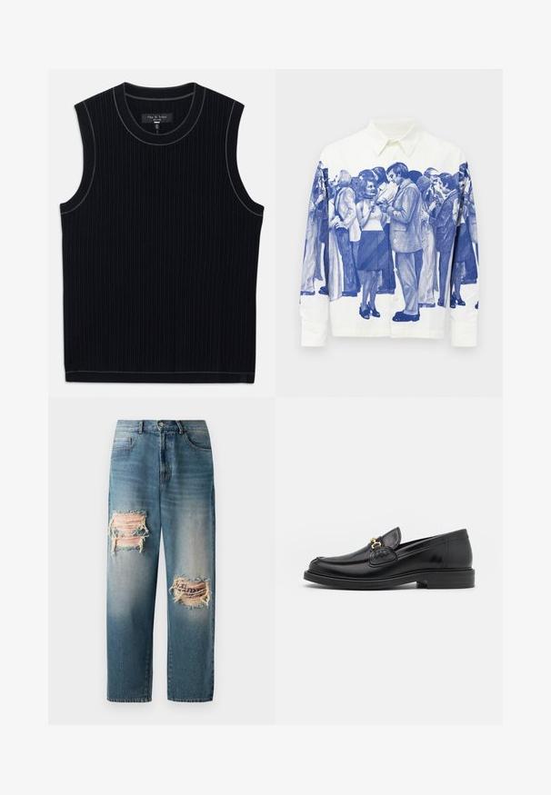 Svart ermeløs topp laget av ribbet stoff, med rund halslinning og ren kant. Diskret kontrastbånd langs halslinningen.; Hvit knapp-up skjorte med trykt blå vintage-inspirert folkemengde av personer som sosialiserer og holder drikkevarer.; Lys blå denimjeans med løs passform, featuring to slitte lapper foran med frynsete kanter og en falmet vask.; Sorte skinnloafers med rund tå, prydet med gullhardware og stingdetalj, plassert på en lav, teksturert gummisåle.