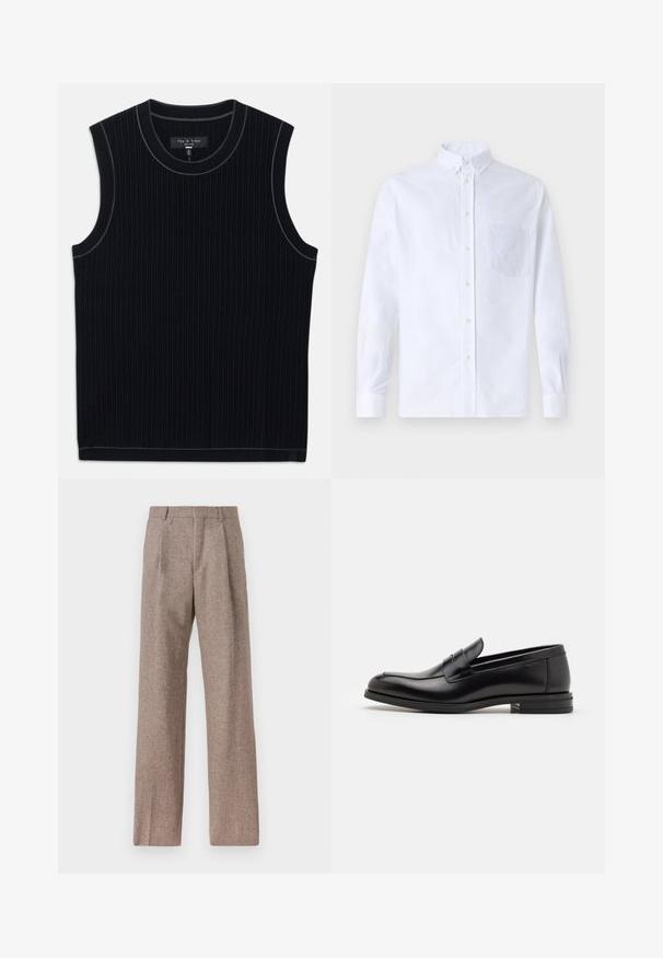 Top negro sin mangas hecho de tela acanalada, con un escote redondo y dobladillo limpio. Sutil ribete en contraste a lo largo del escote.; Camisa blanca de manga larga y botonadura frontal, hecha de algodón, con un bolsillo en el pecho con bordado tonal, cuello y puños con botones.; Pantalones marrones de cintura alta hechos de una tela texturizada. Presentan piernas anchas y dos pliegues frontales para dar estructura. Acabado limpio sin hardware visible.; Mocasines de cuero negro con una textura suave, puntera redondeada y una tira decorativa en el empeine. Tacón bajo apilado, diseño minimalista.