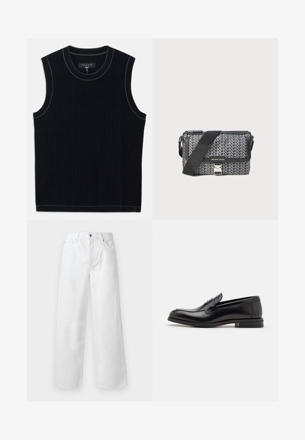 Fekete ujjatlan felső bordázott anyagból, kerek nyakkivágással és tiszta szegéssel. Diszkrét kontrasztos díszítő szegély a nyakkivágás mentén.; rag & bone BAGGY - Túlméretezett farmernadrág - white; Fekete bőr loaferek sima textúrával, kerek orral és dekoratív pánttal a vampnál. Alacsony, rétegelt sarkú, minimalista dizájn.; Fekete és szürke mintázatú keresztbody táska, geometrikus designnal, cipzáros záródással és ezüstszínű fém kiegészítőkkel. Állítható pánt is tartozik hozzá.